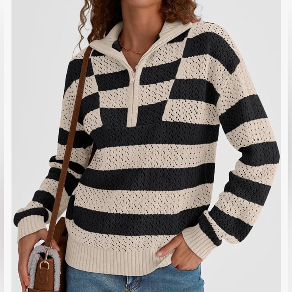 LILLUSORY Women's Quarter Zip Pullover V Neck Crochet Striped Sweater size Large